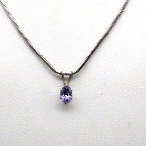 Vintage Oval Purple Crystal Pendant Necklace on Delicate Silver Tone Snake Chain